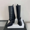 Black Pointed Toe Chunky Heel Knight Boots