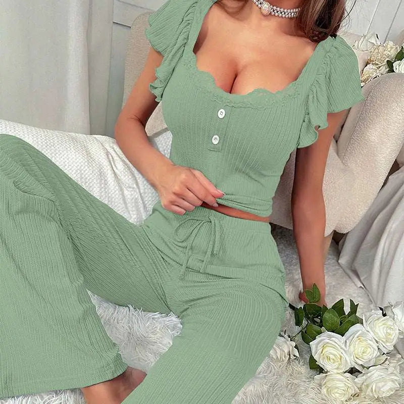 Black Ribbed Lace Ruffle Sleeve Pajama Set Royalessencelux