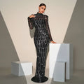 Black Sequined Long Sleeve Round Neck Evening Dress