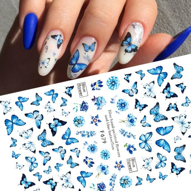 Blue Butterfly 3D Nail Stickers Flowers Leaves Self Adhesive Transfer Sliders Wraps Manicures Foils Decorations Decoration Tattoo Manicure Transfer Nail Decals Flowers Butterfly Designs Nails Supply Manicure Tips Design Nail Decoration Stevvex