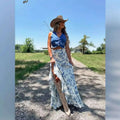 Blue Floral Split Print Pleating Big Hem Skirt