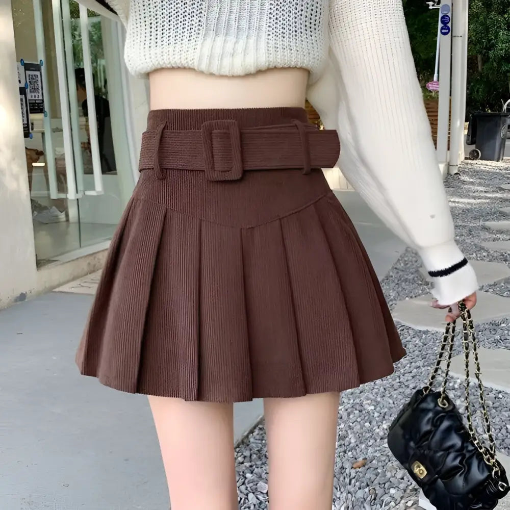 Brown Belted Corduroy Half Skirt Pleated Mini
