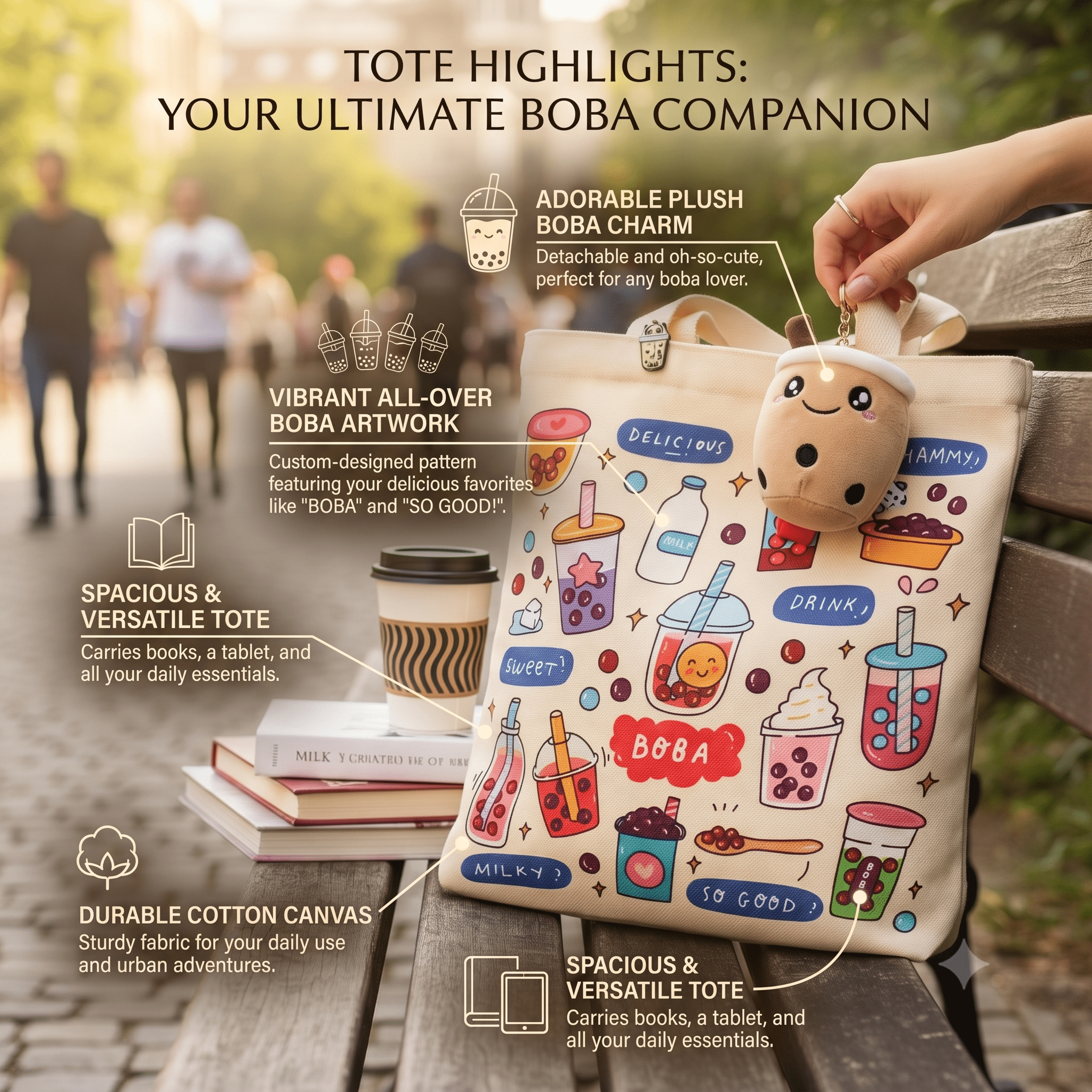 Bubble Tea Tote Bag Gift Set – Boba Bag with Keychain & Pin