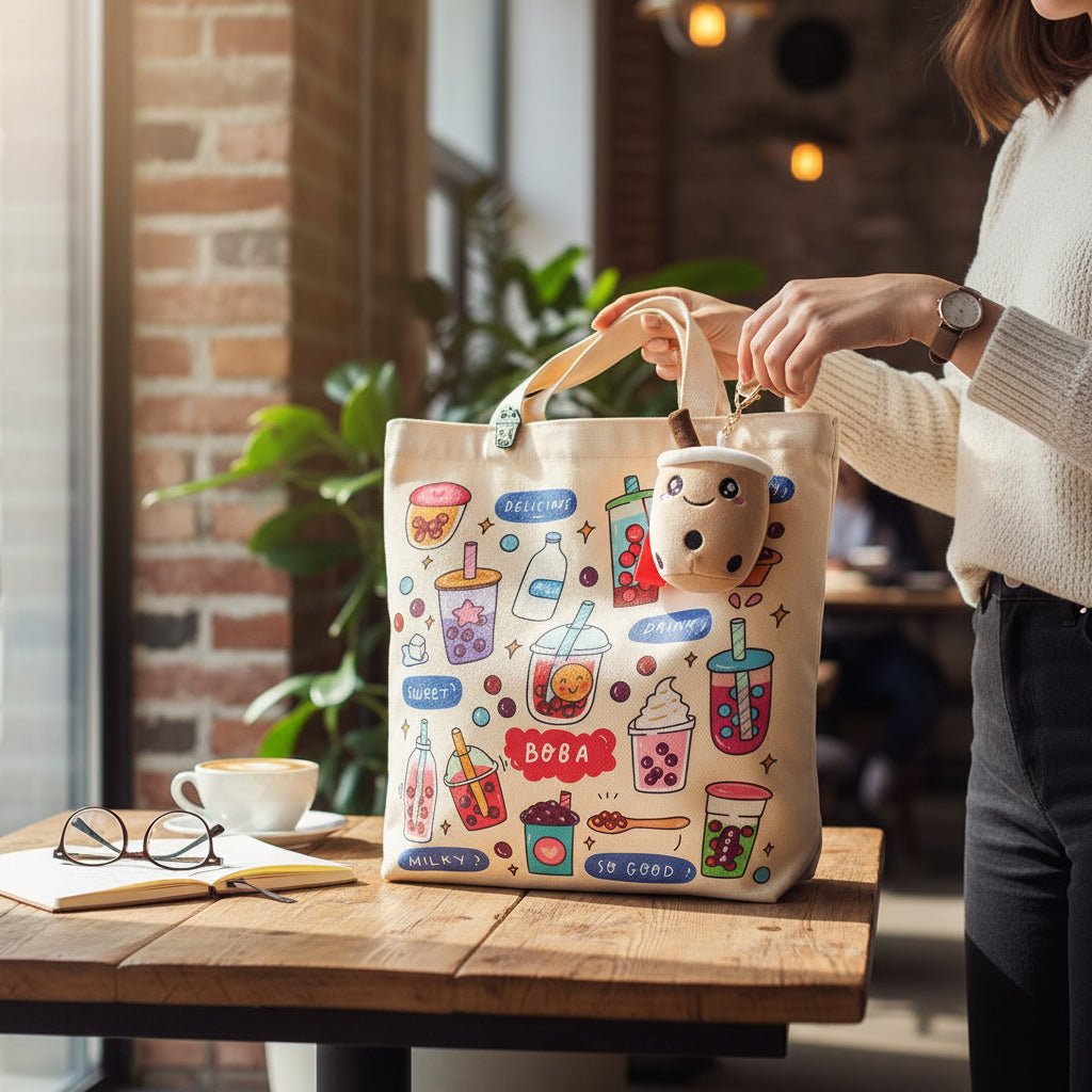 Bubble Tea Tote Bag Gift Set – Boba Bag with Keychain & Pin