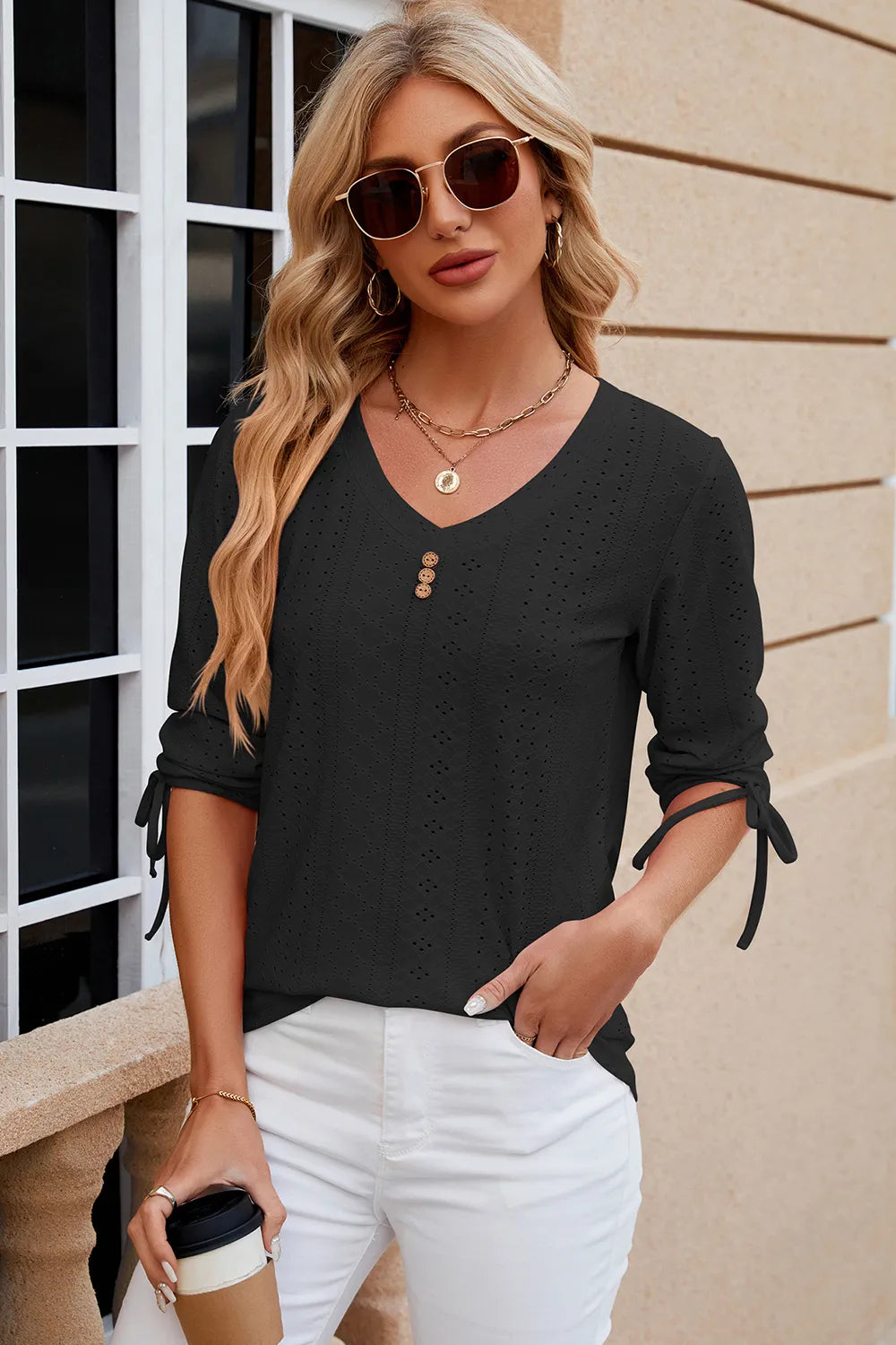 Button V-neck solid color mid sleeve loose T-shirt top for women's wear V.I.P Digital Presence
