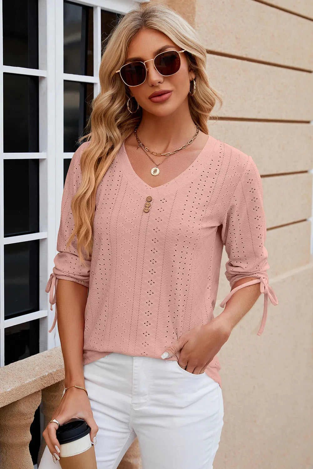 Button V-neck solid color mid sleeve loose T-shirt top for women's wear V.I.P Digital Presence