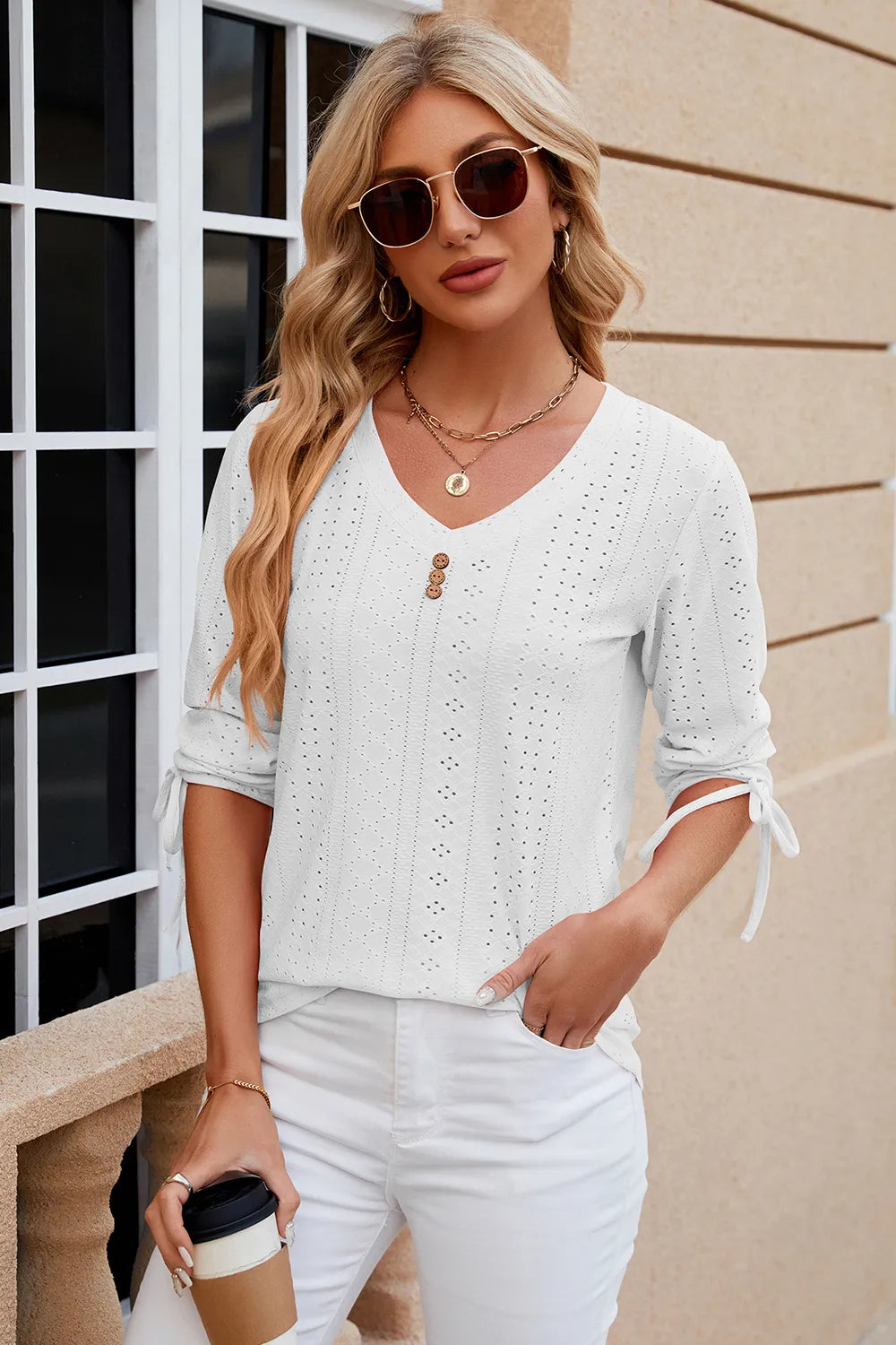 Button V-neck solid color mid sleeve loose T-shirt top for women's wear V.I.P Digital Presence