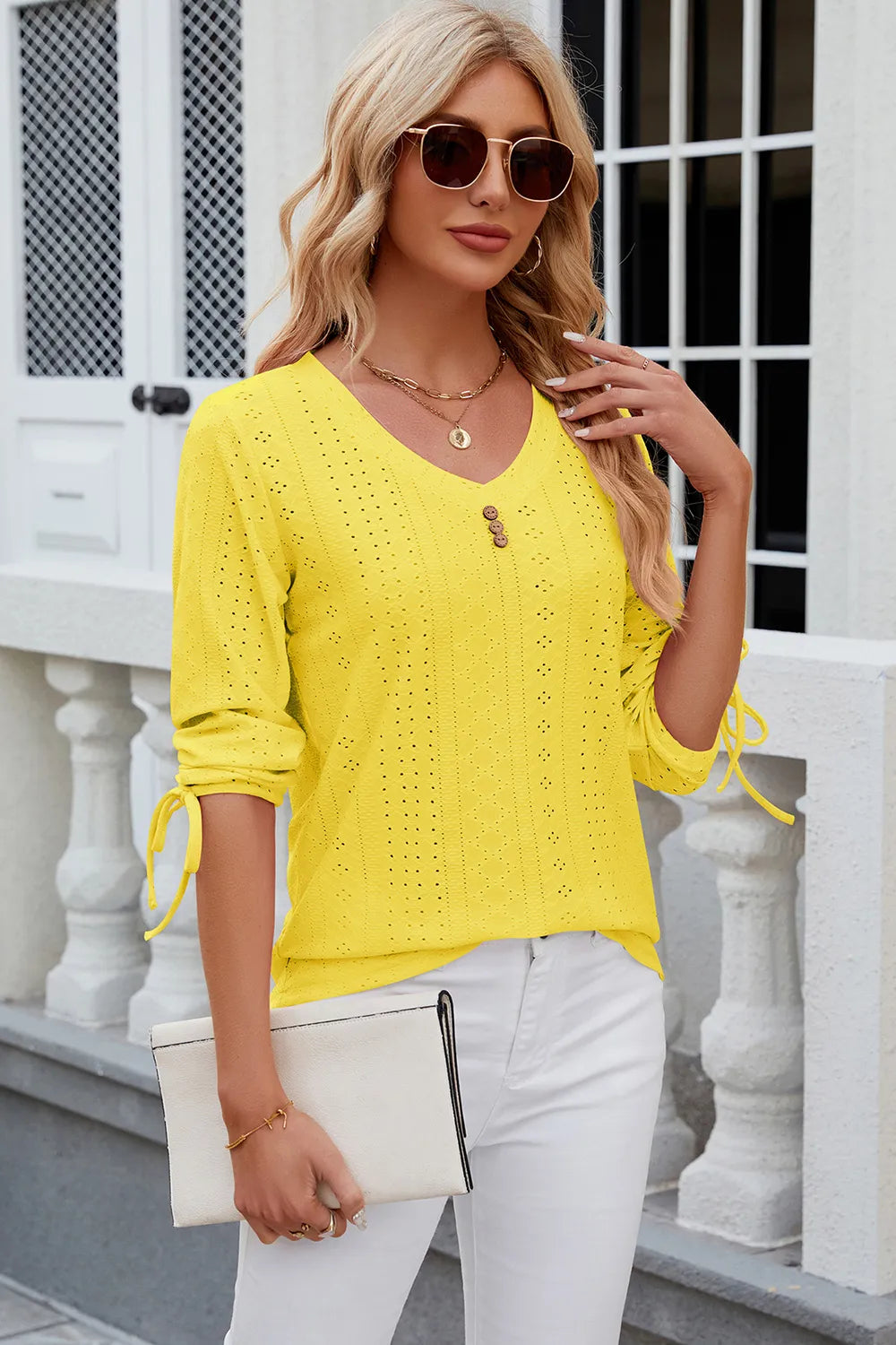 Button V-neck solid color mid sleeve loose T-shirt top for women's wear V.I.P Digital Presence