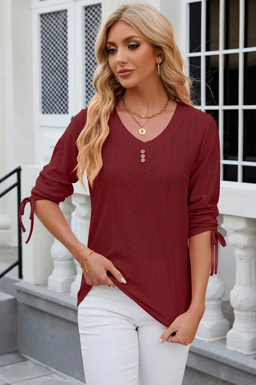 Button V-neck solid color mid sleeve loose T-shirt top for women's wear V.I.P Digital Presence