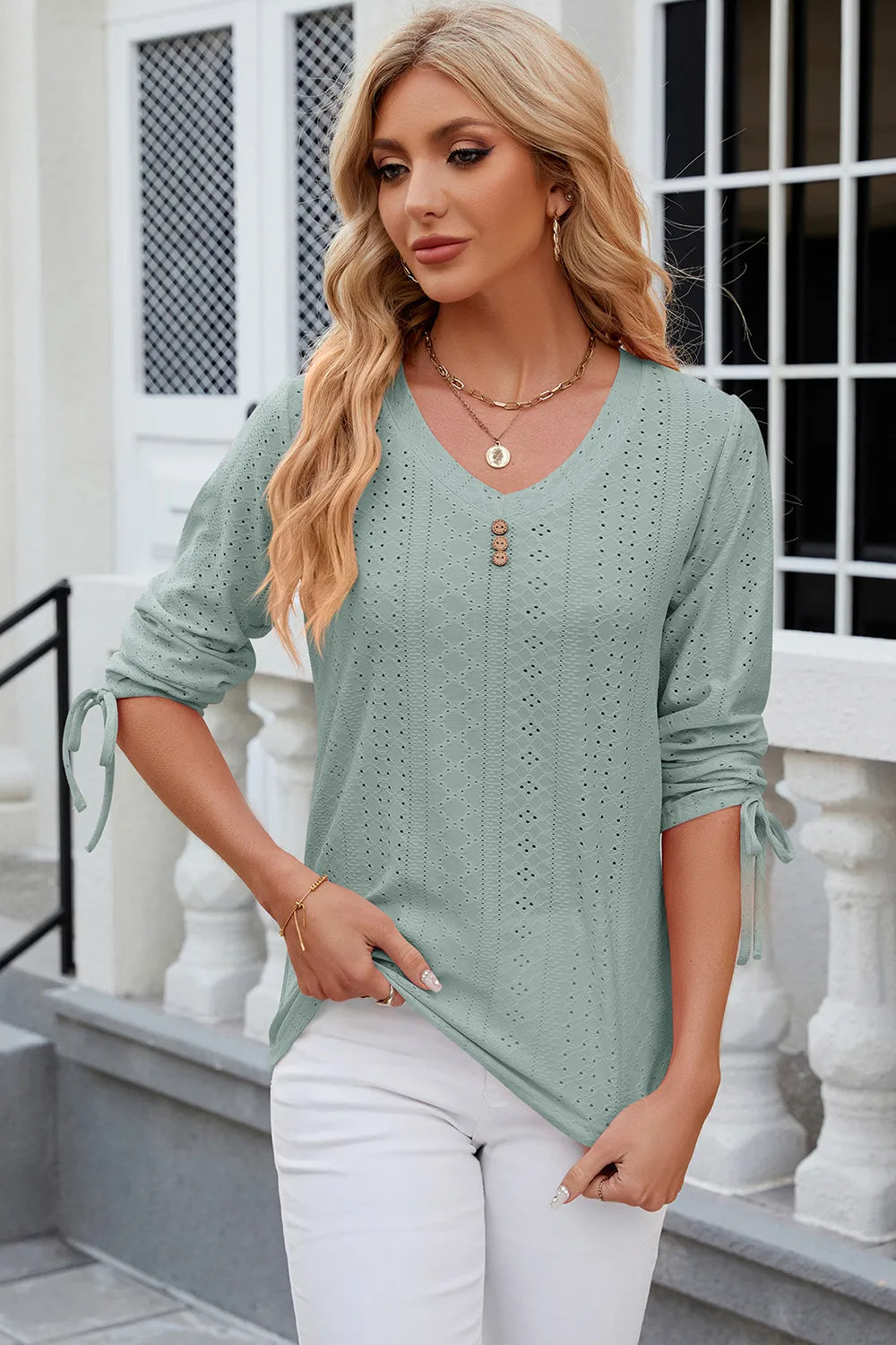 Button V-neck solid color mid sleeve loose T-shirt top for women's wear V.I.P Digital Presence