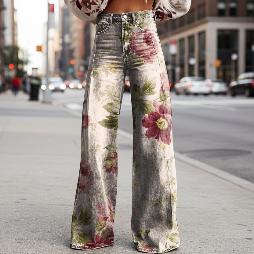 Women's Printed Flare Pants – Mid-Waist Full Length Plus Size FitiqueFit