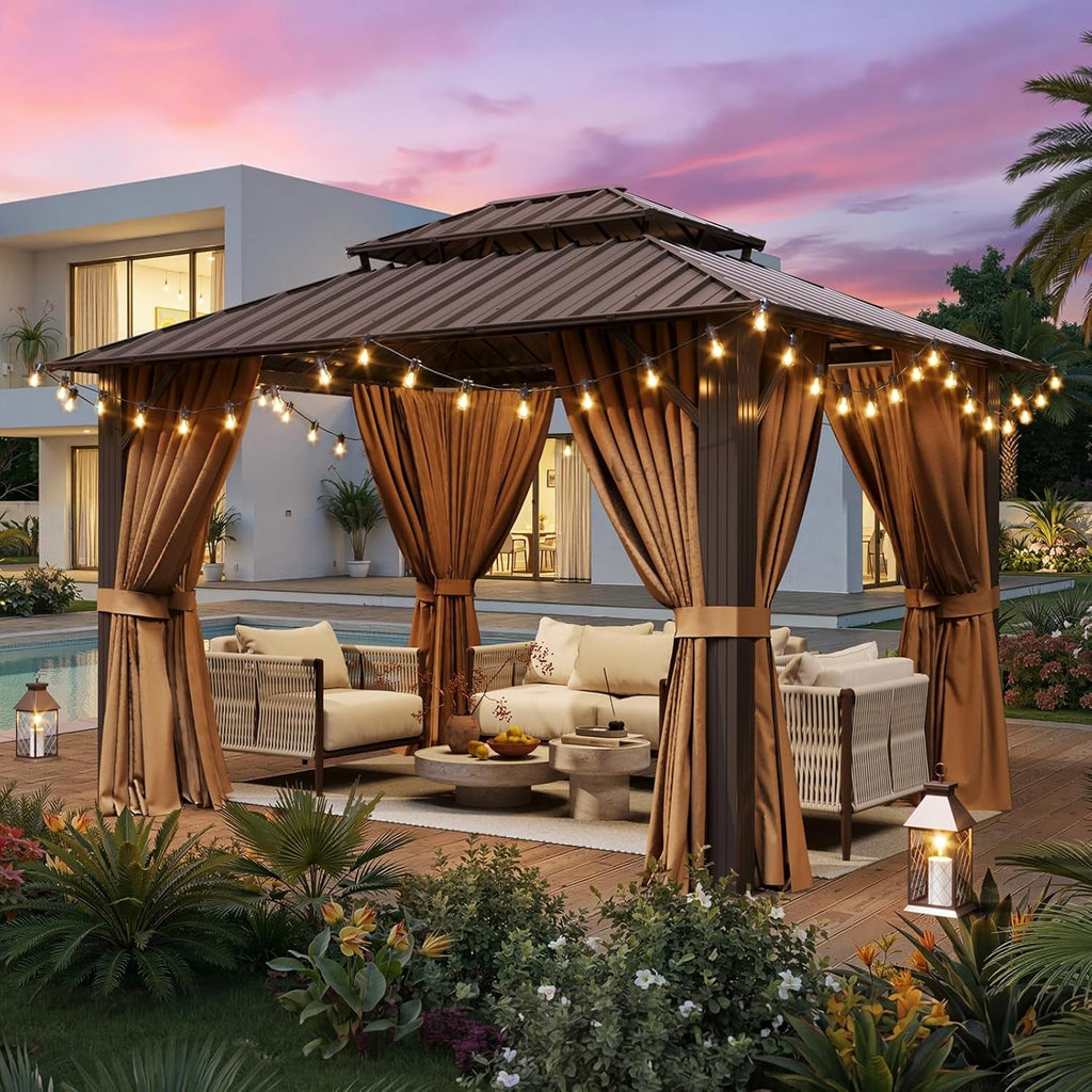 10x12Ft Hardtop Gazebo Brown Outdoor Patio Durable