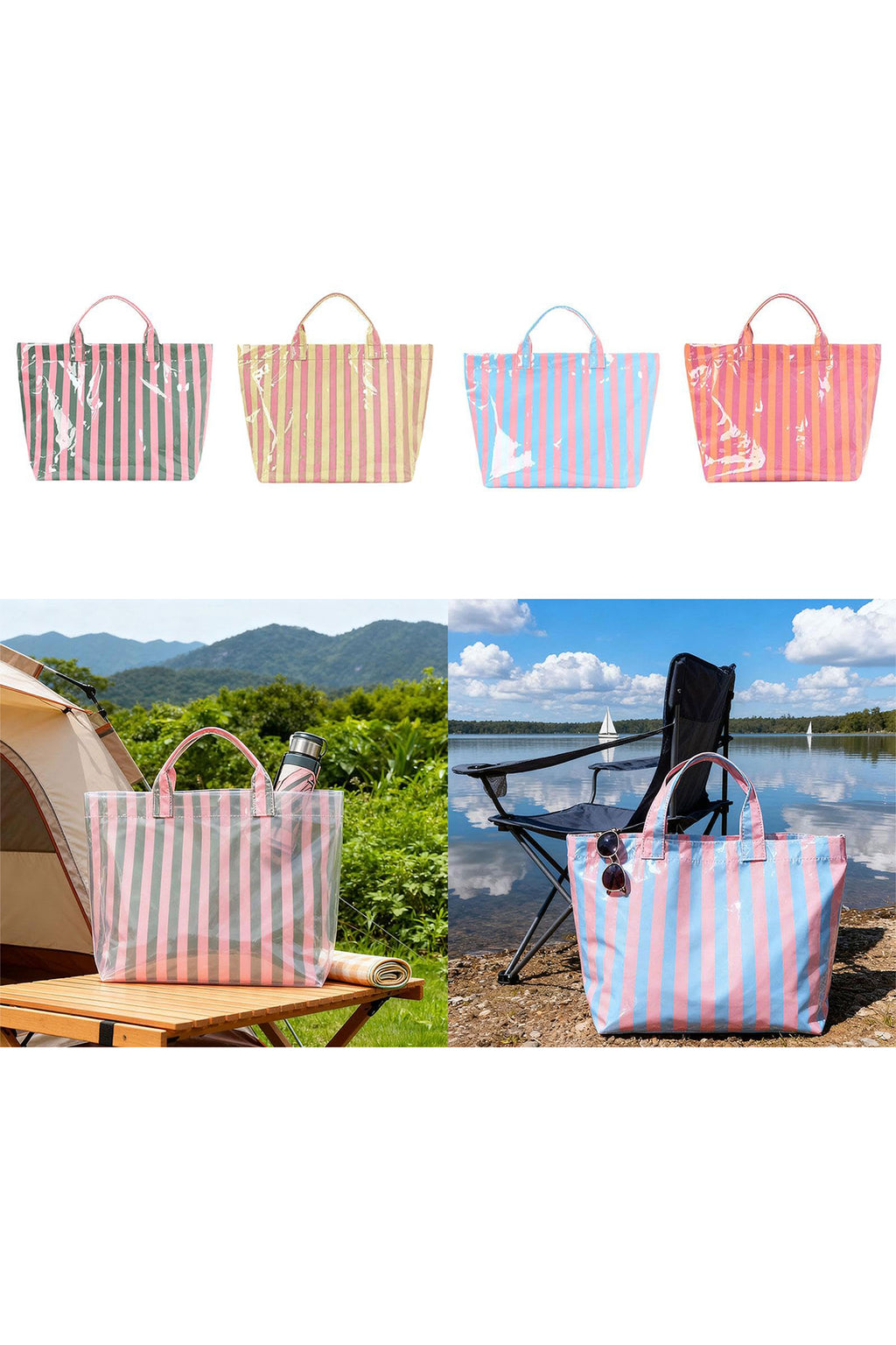 Red Glossy Striped Vinyl Large Tote Bag (Color Varied)