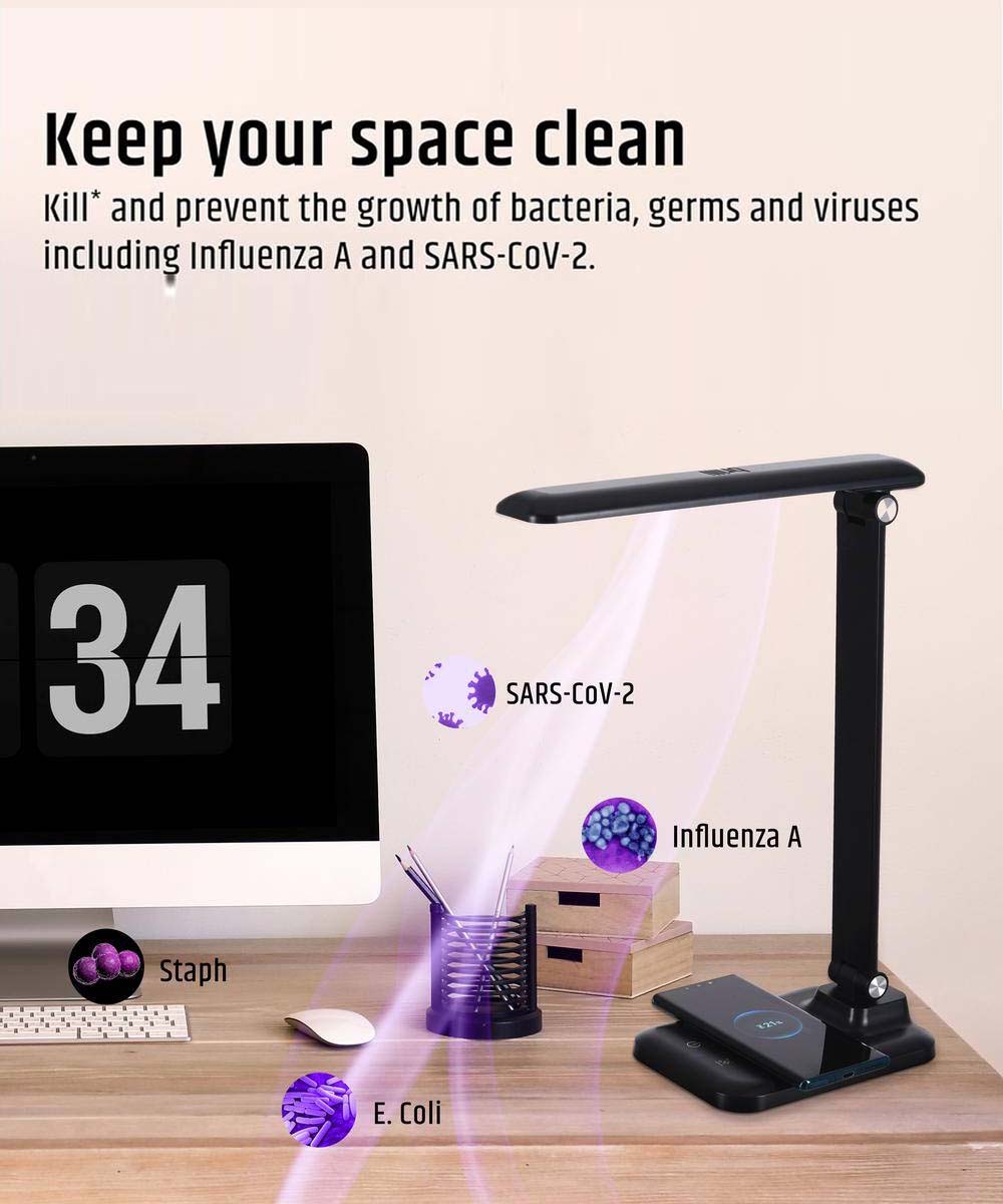 Brilli 15"H Bright-Clean Antimicrobial LED Desk Lamp Matte Black Finish with Wireless Charging LampsUSA