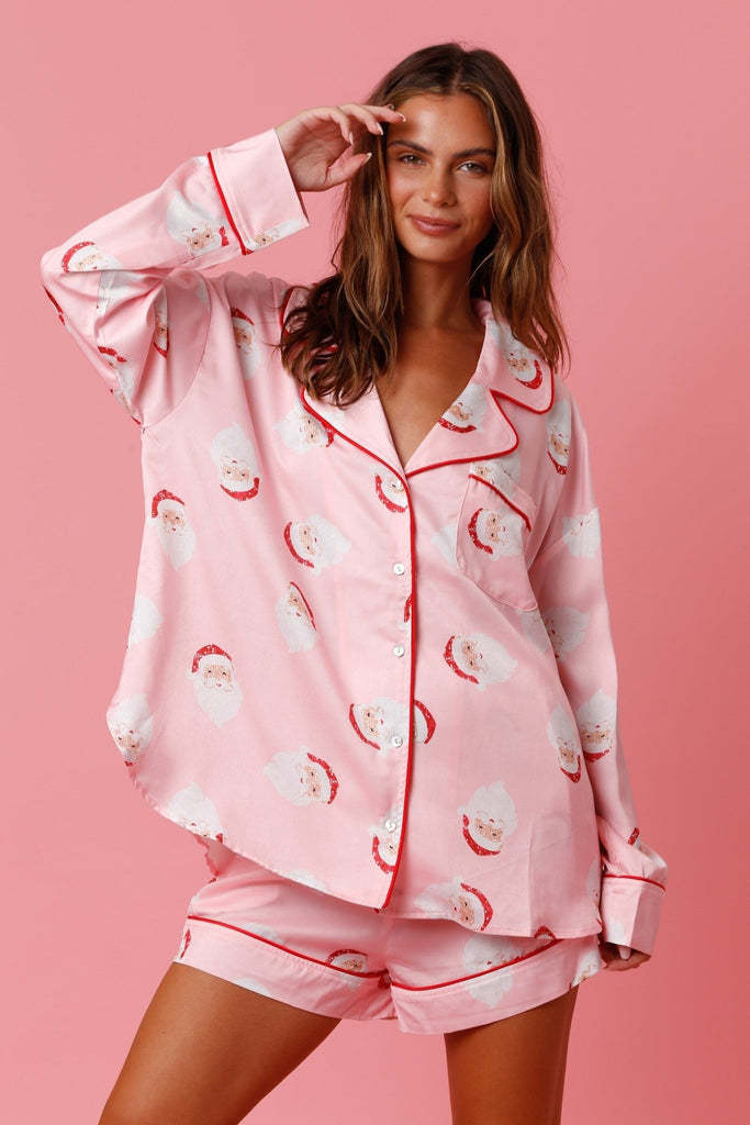 Women’s Satin Santa Claus Pajama Set | Christmas Print Two-Piece Loungewear FitiqueFit