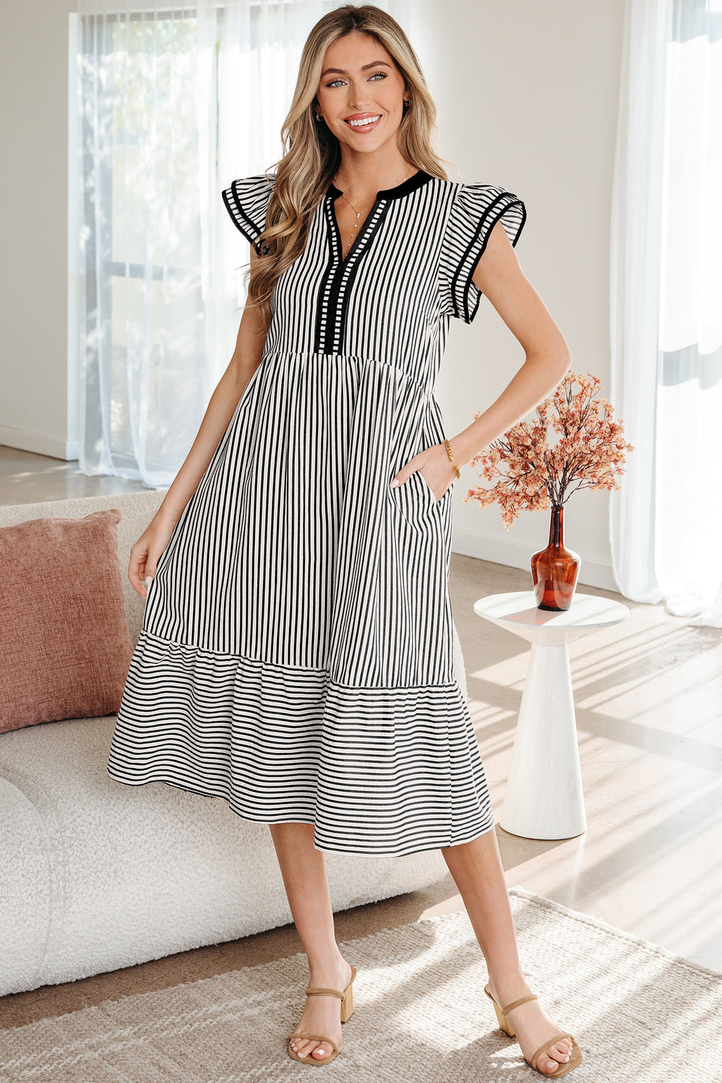 Brown Stripe Double Ruffled Short Sleeve Contrast Trim V Neck Midi Dress Shewin