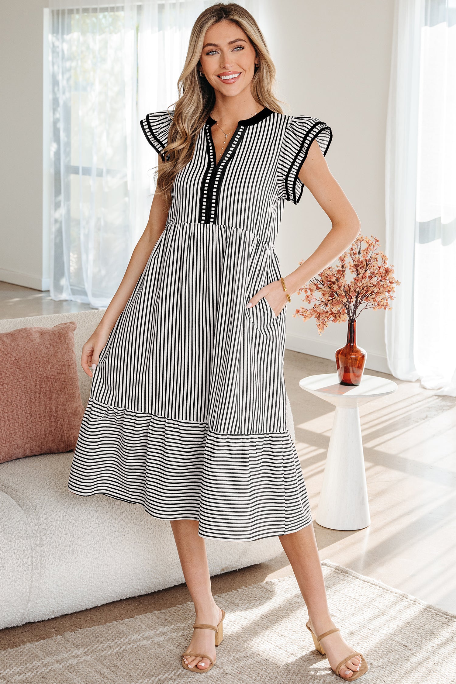 Brown Stripe Double Ruffled Short Sleeve Contrast Trim V Neck Midi Dress Shewin