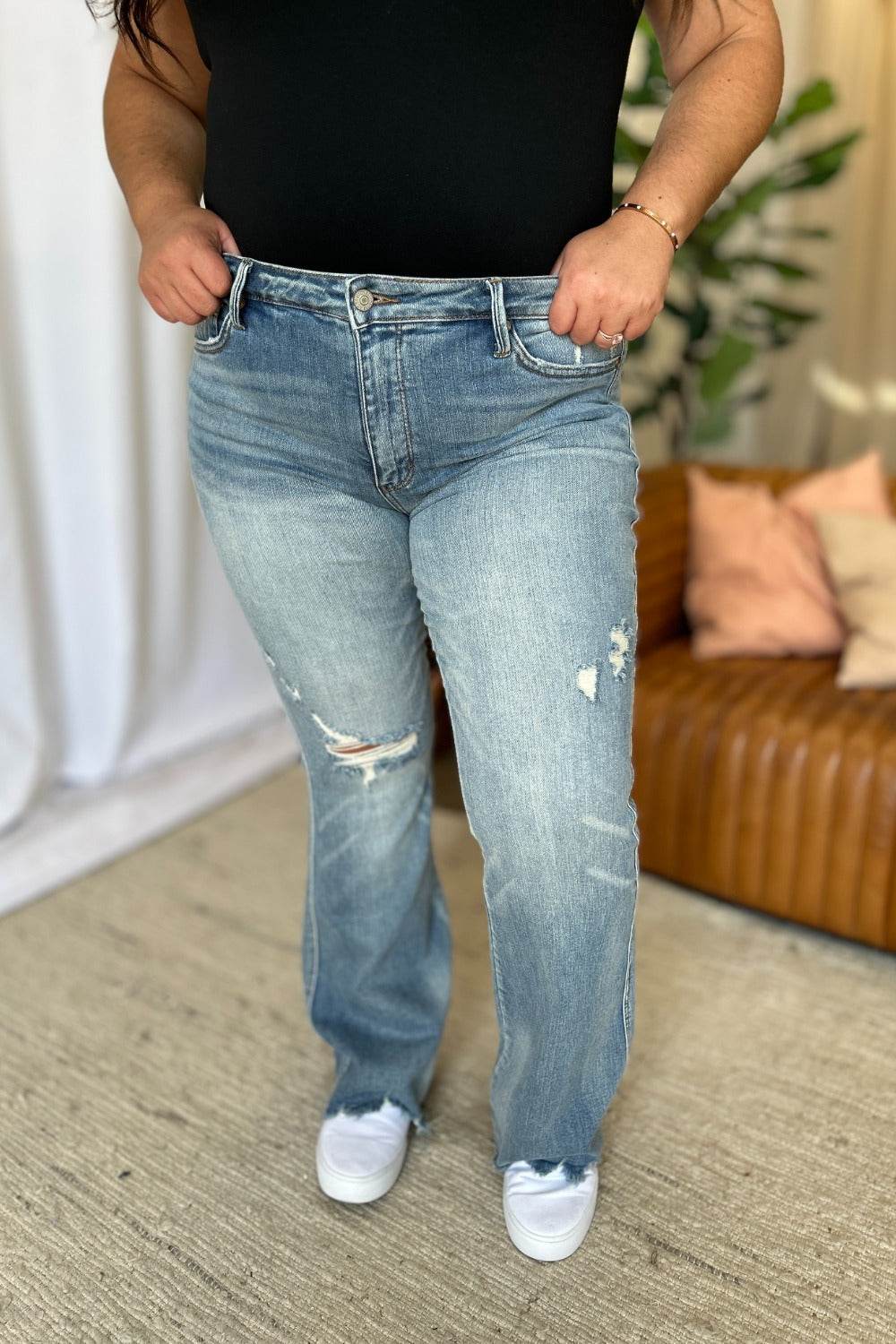 Judy Blue Full Size Medium Rise Tummy Control Destroy Flare Women Jeans