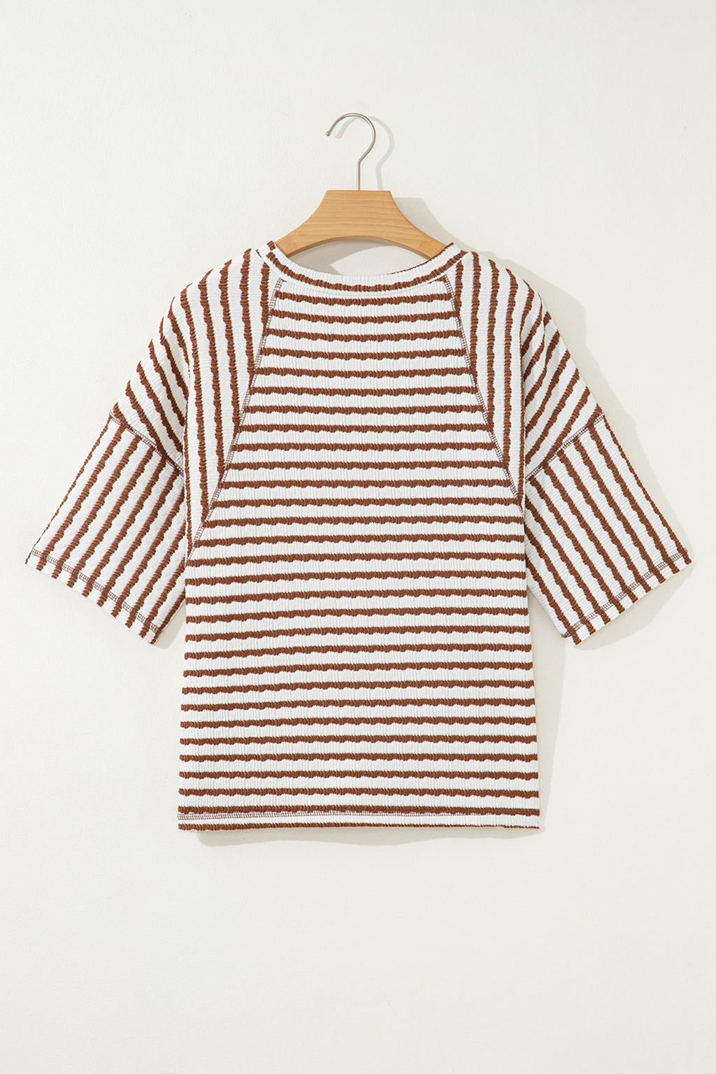 Sky Blue Stripe Textured Knit Split Hem Half Sleeve Loose Top