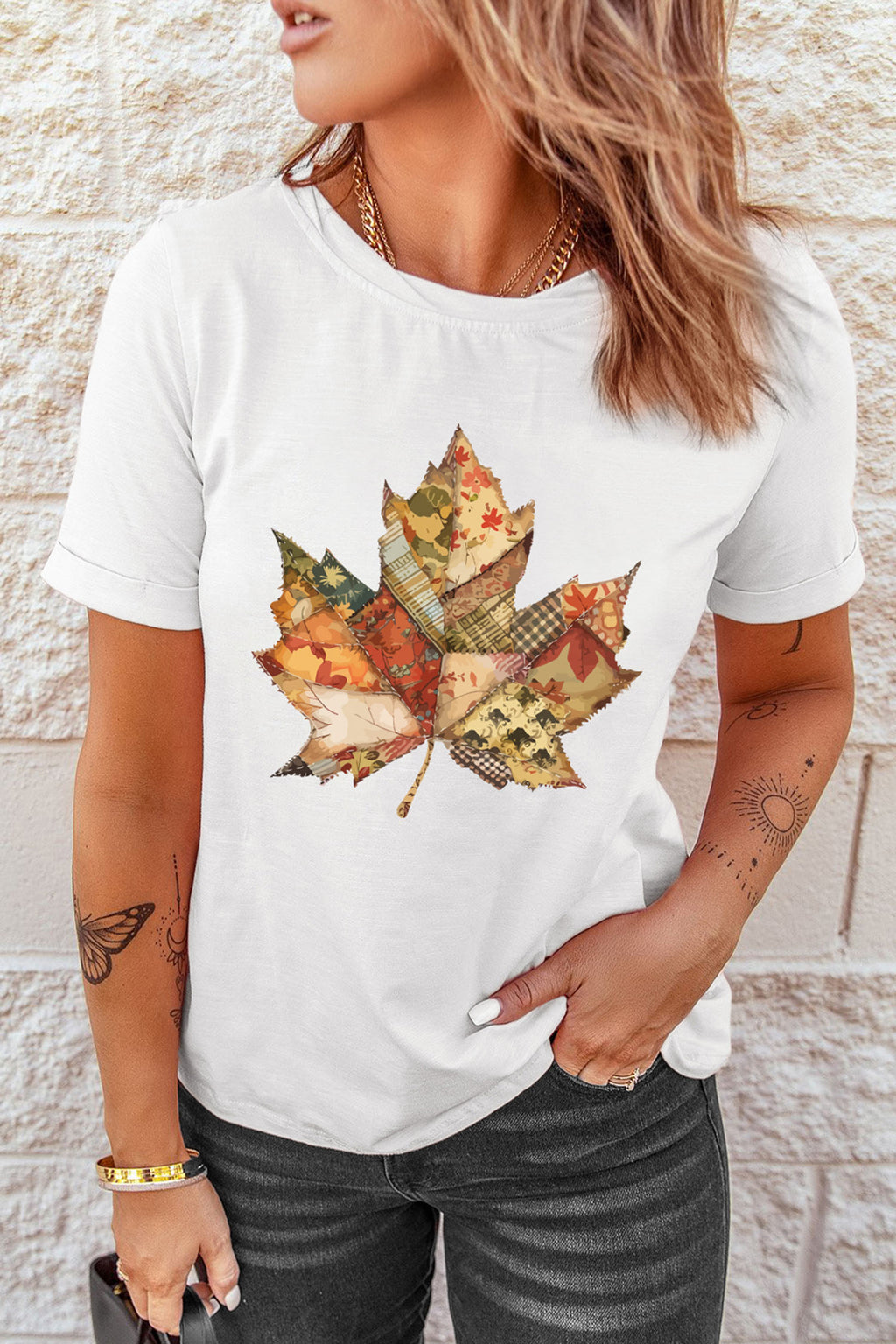 White Patchwork Maple Leaf Print Round Neck Casual T-Shirt