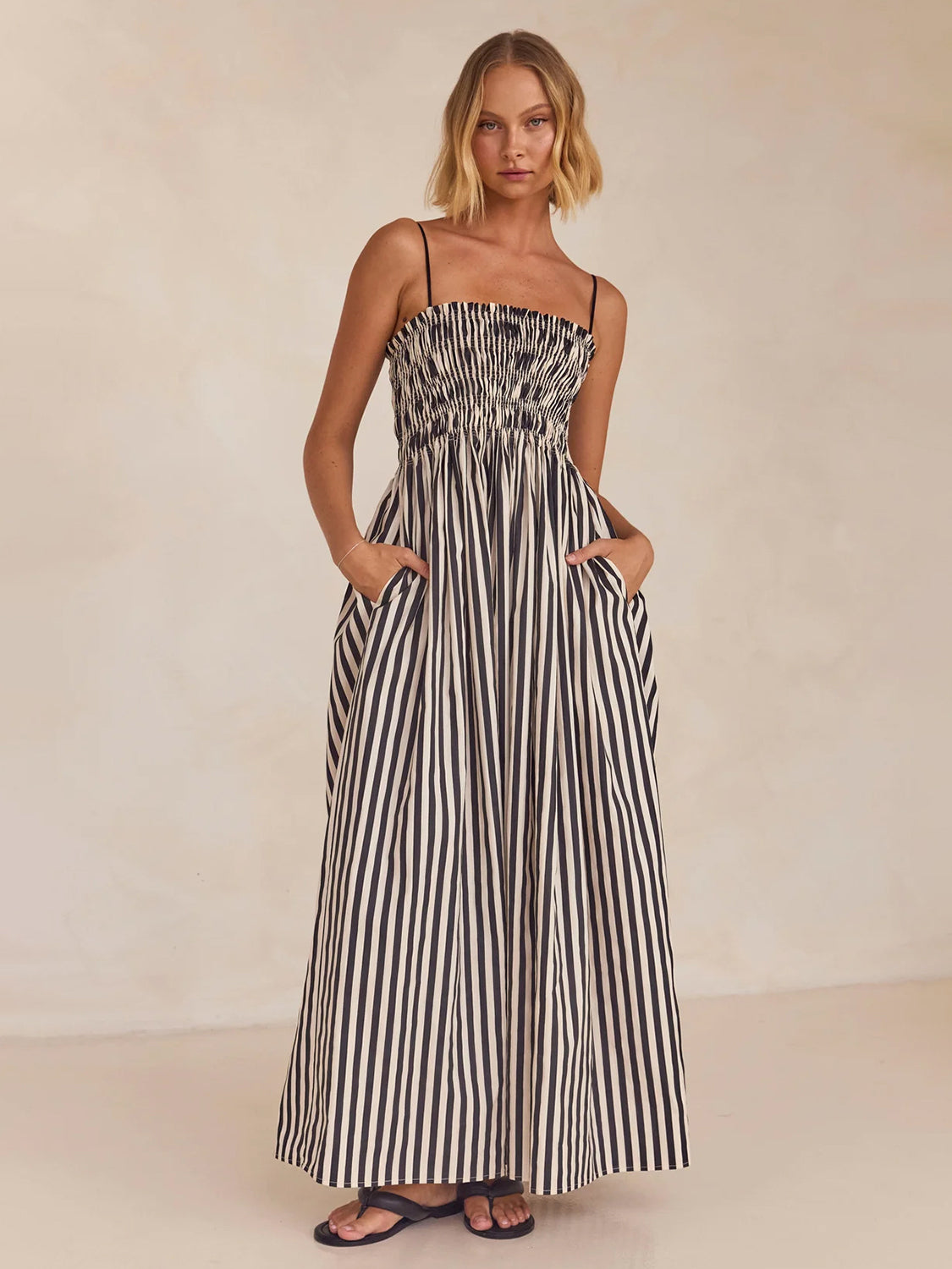 Black White Striped Square Neck Cami Dress Elegant Summer Dress for Women Charming Design Dress