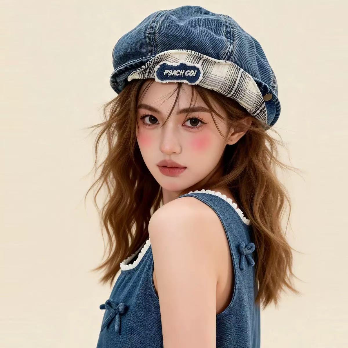 Double-Brim Turned-Up Denim Beret – Breathable Cotton Hat for Women FitiqueFit