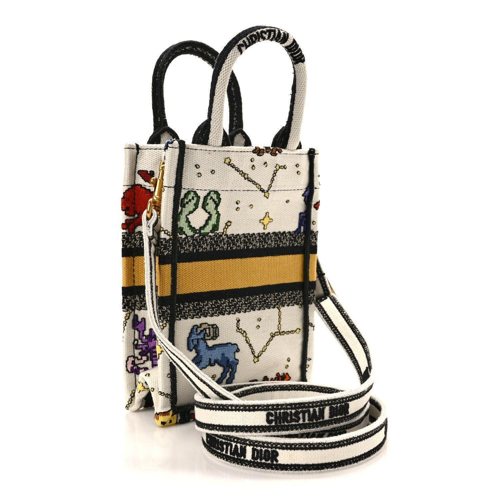 Christian Dior Canvas Embroidered Pixel Zodiac Mini Book Tote Phone Bag in Latte Multicolor Banlieue91