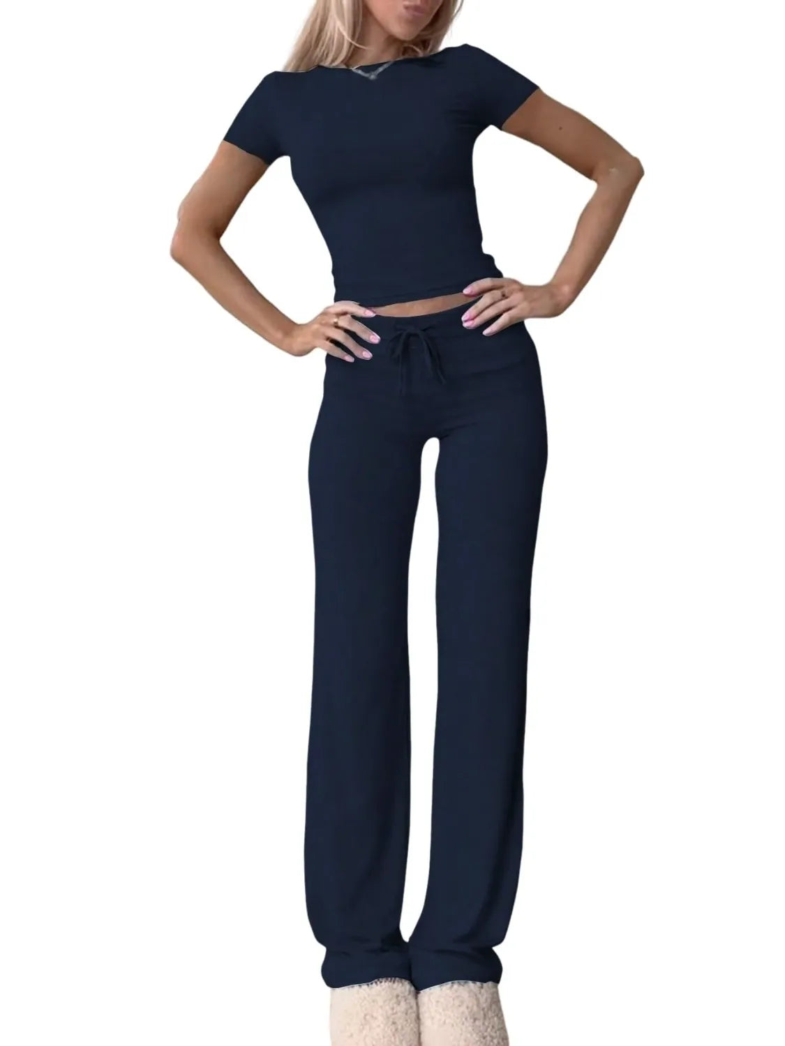 Round Neck Short Sleeve Top and Pants Set