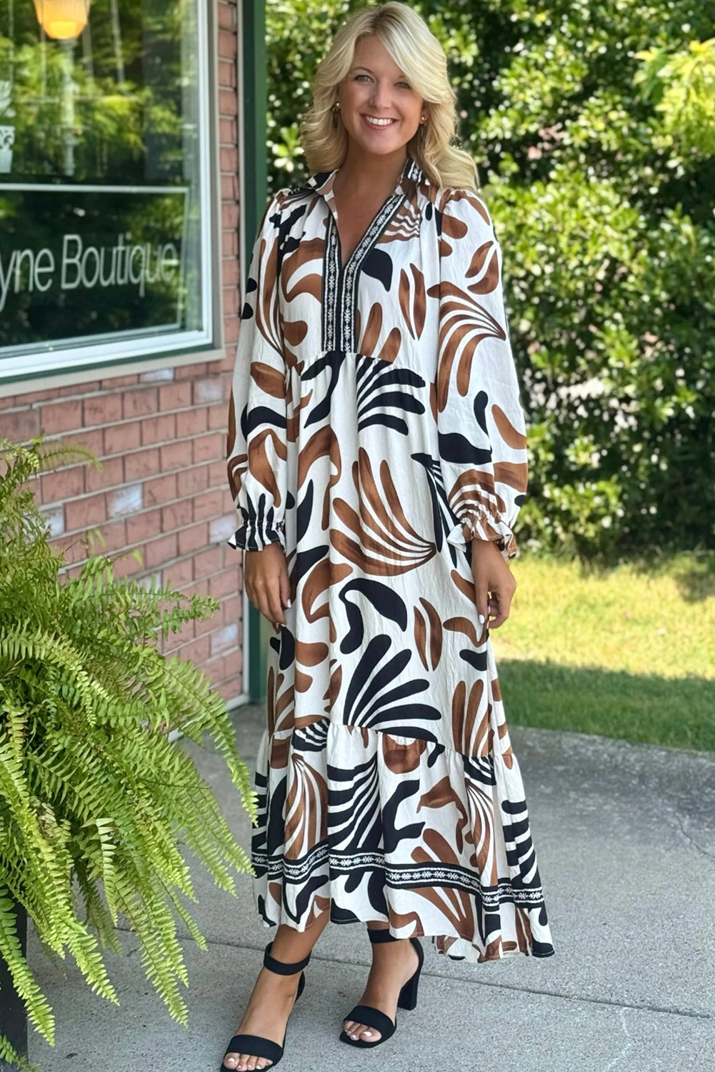 Brown Tropical Print Contrast Trim Neck Long Sleeve Ruffle Hem Dress