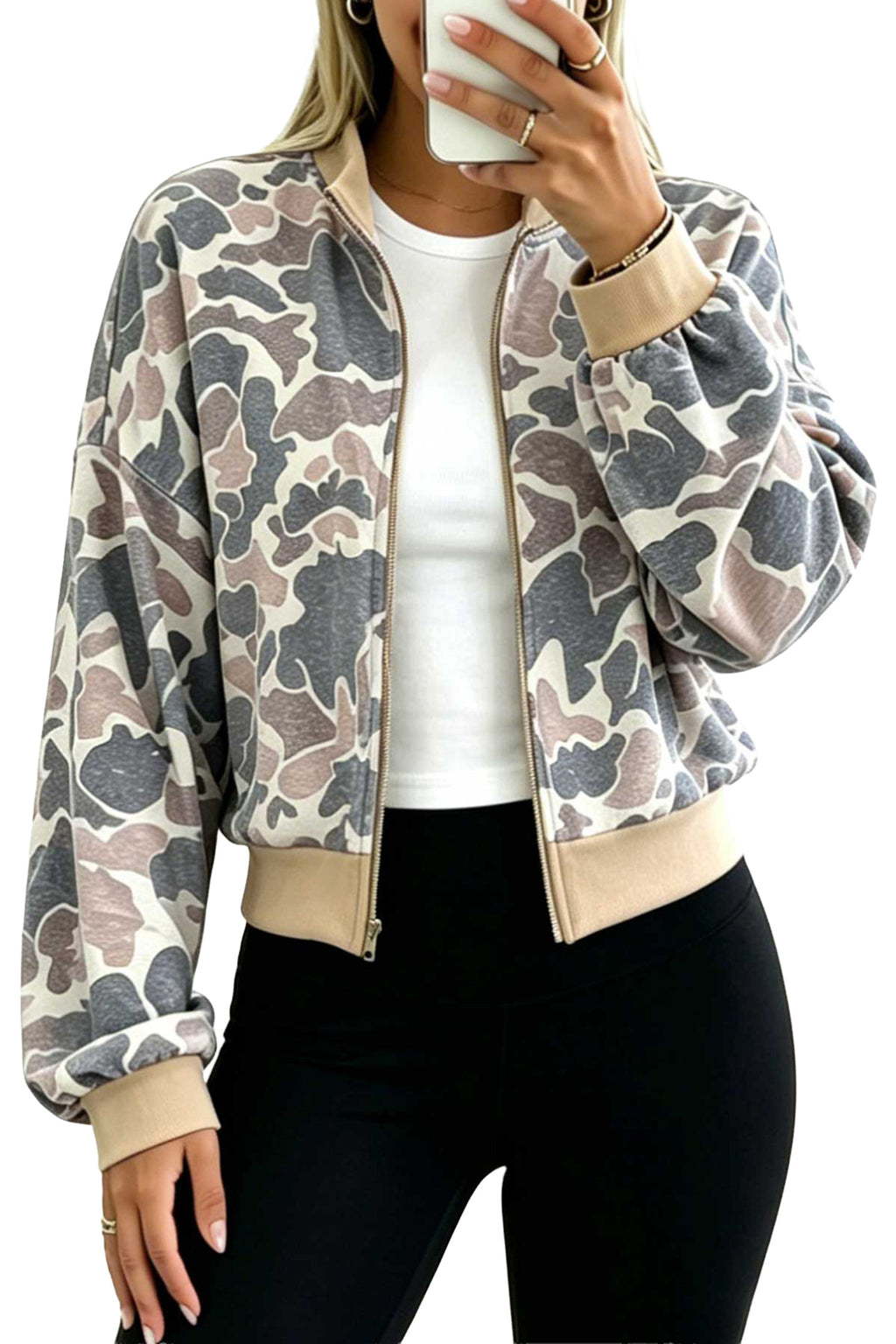Multicolour Camouflage Print Color Block Trim Zip Bomber Jacket
