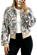 Multicolour Camouflage Print Color Block Trim Zip Bomber Jacket