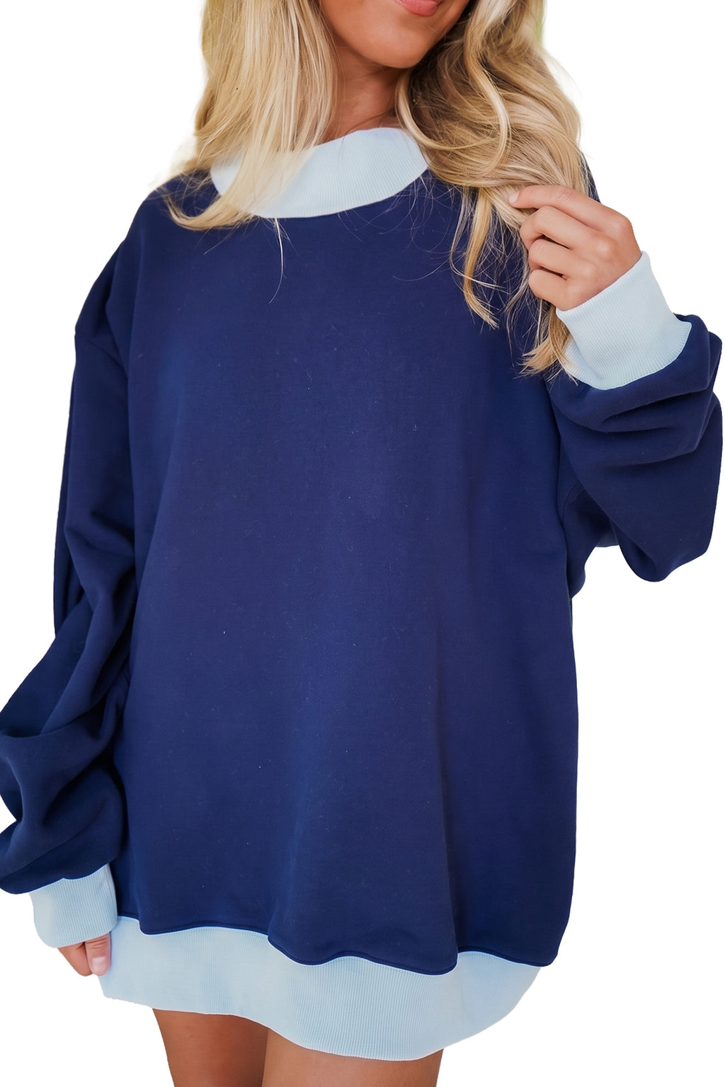 Pink Colorblock Trim Crewneck Long Sleeve Pullover Sweatshirt