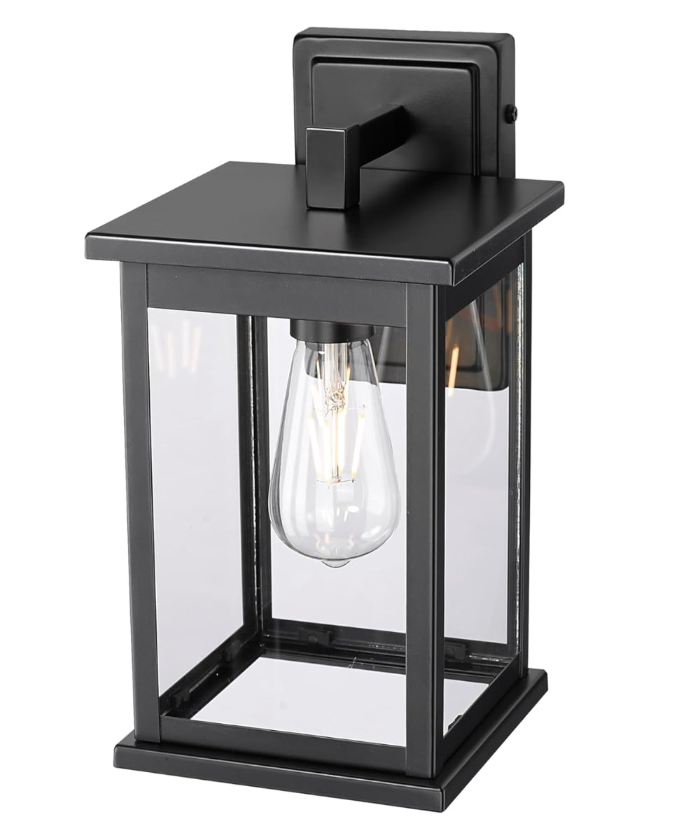 11"H Bowton II Outdoor Wall Light - Dusk to Dawn Matte Black Finish with Glass Shade by Millennium Lighting LampsUSA