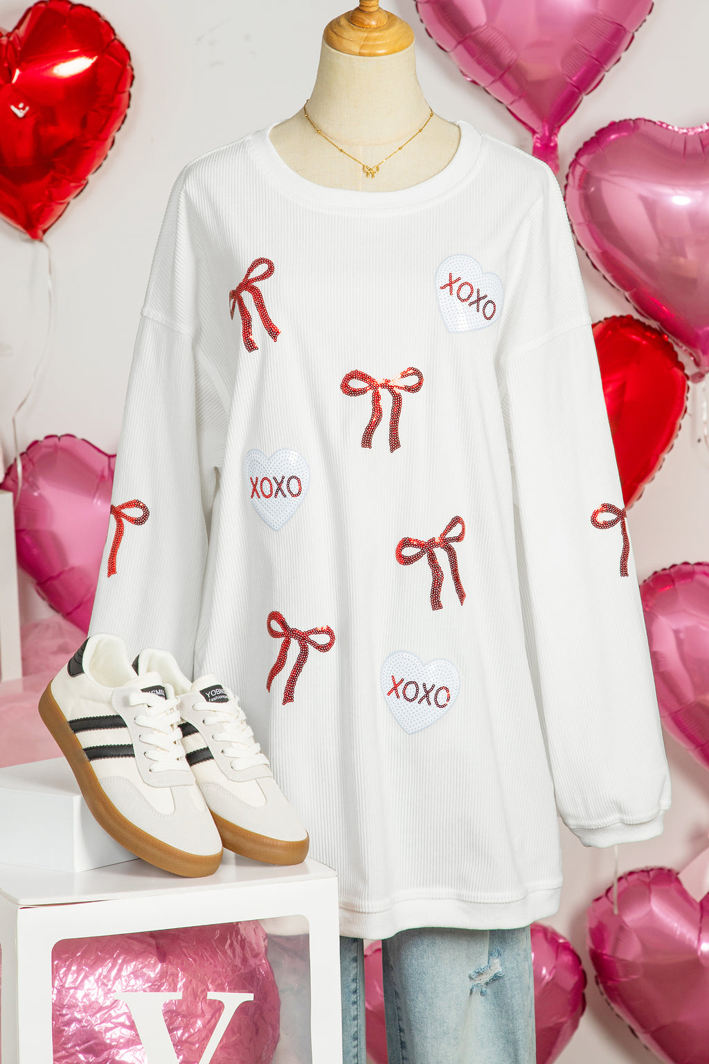 White Sequin Ribbon Bow XOXO Heart Patched Corded Rib Pullover Sweatshirt