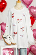 White Sequin Ribbon Bow XOXO Heart Patched Corded Rib Pullover Sweatshirt
