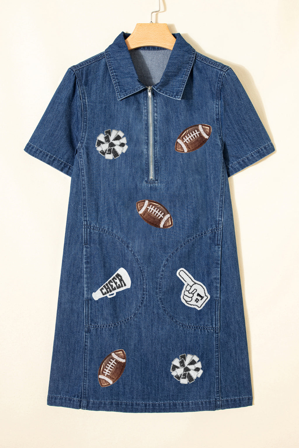 Blue Sequin Football Cheer Patches Game Day Denim Mini Dress