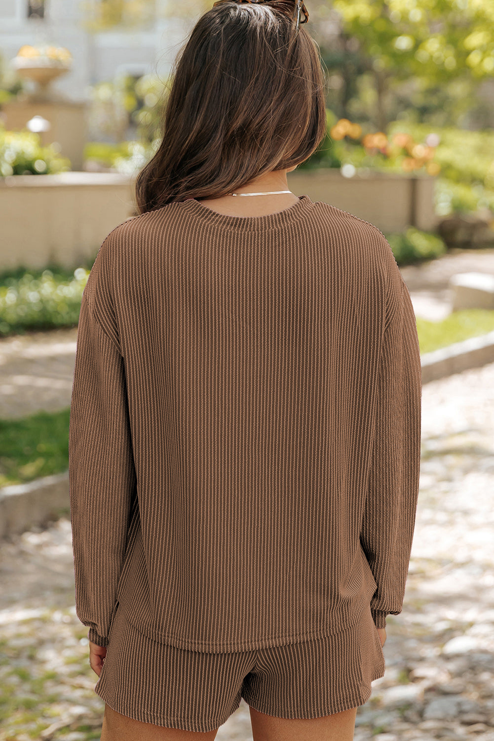 Chestnut Twisted Ribbed Mallard Duck Sequins Patch Long Sleeve Top and Short Set