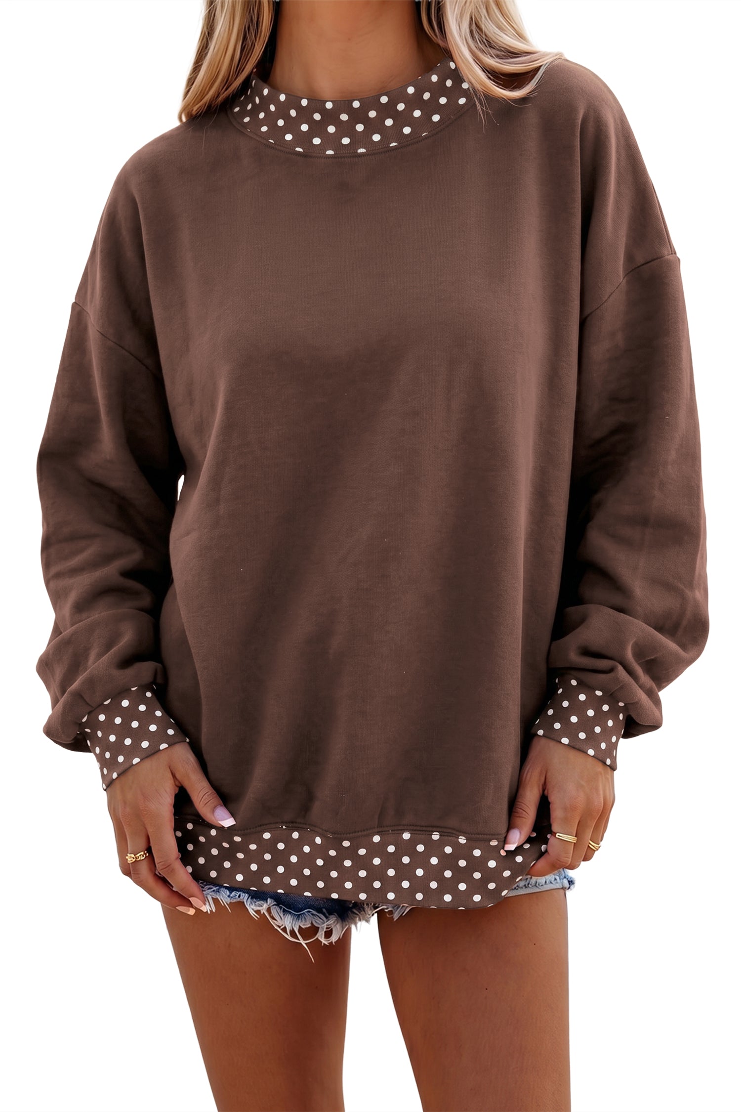 Brown Colorblock Polka Dot Contrast Trim Oversized Sweatshirt