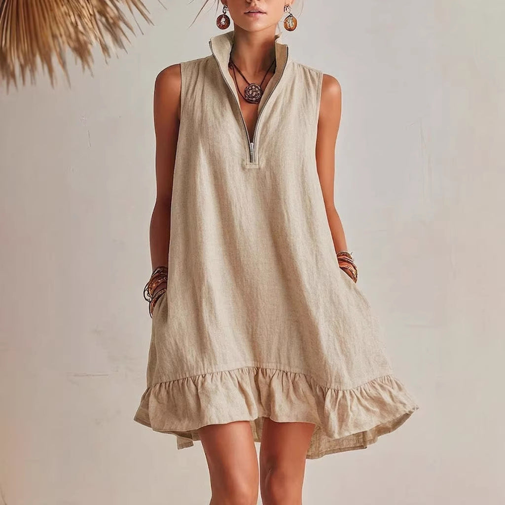 Women's Casual Loose Half-Zip Sleeveless Dress with Ruffle Hem FitiqueFit