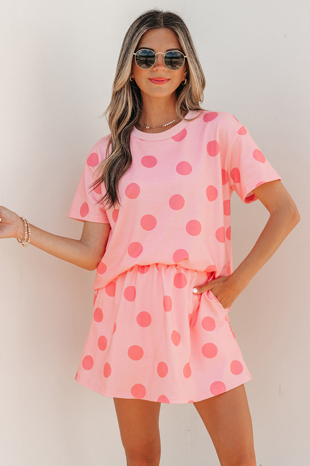 Sky Blue Polka Dot Short Sleeve Top Casual Skort 2pcs Outfit Shewin