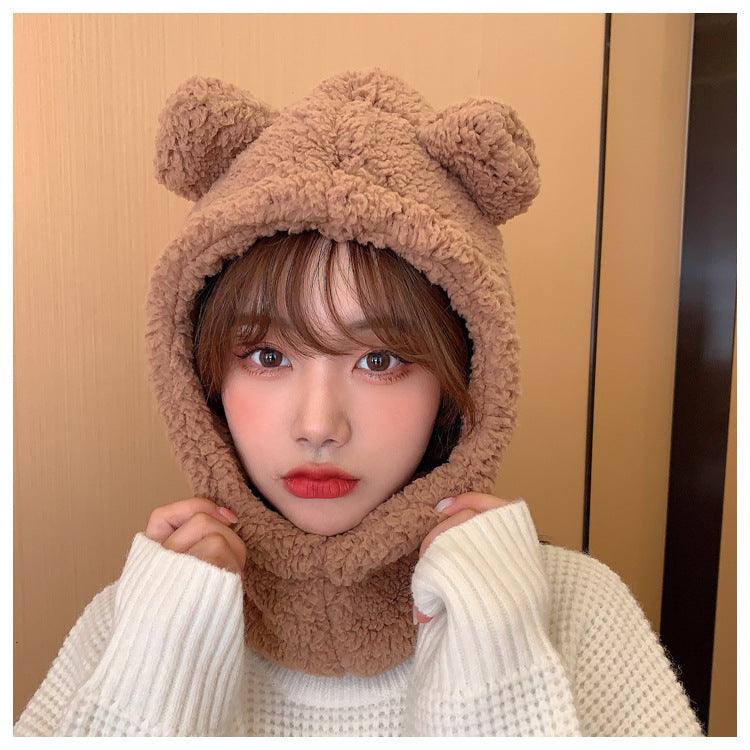 Cartoon Bear Ear Lamb Beanie Hat With Mask Warm Balaclava Winter Thickened Ear Protection Autumn Skellies Beanies Pompom Hat Knitted Ski Beanie Hat Double Pompom Beanie Cap for Girls Boys Kids Beanie Winter Hat Baby Kids Infant Toddler for Women Girl Stevvex