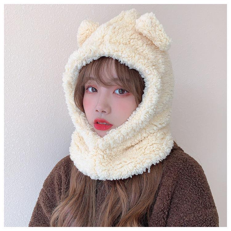 Cartoon Bear Ear Lamb Beanie Hat With Mask Warm Balaclava Winter Thickened Ear Protection Autumn Skellies Beanies Pompom Hat Knitted Ski Beanie Hat Double Pompom Beanie Cap for Girls Boys Kids Beanie Winter Hat Baby Kids Infant Toddler for Women Girl Stevvex