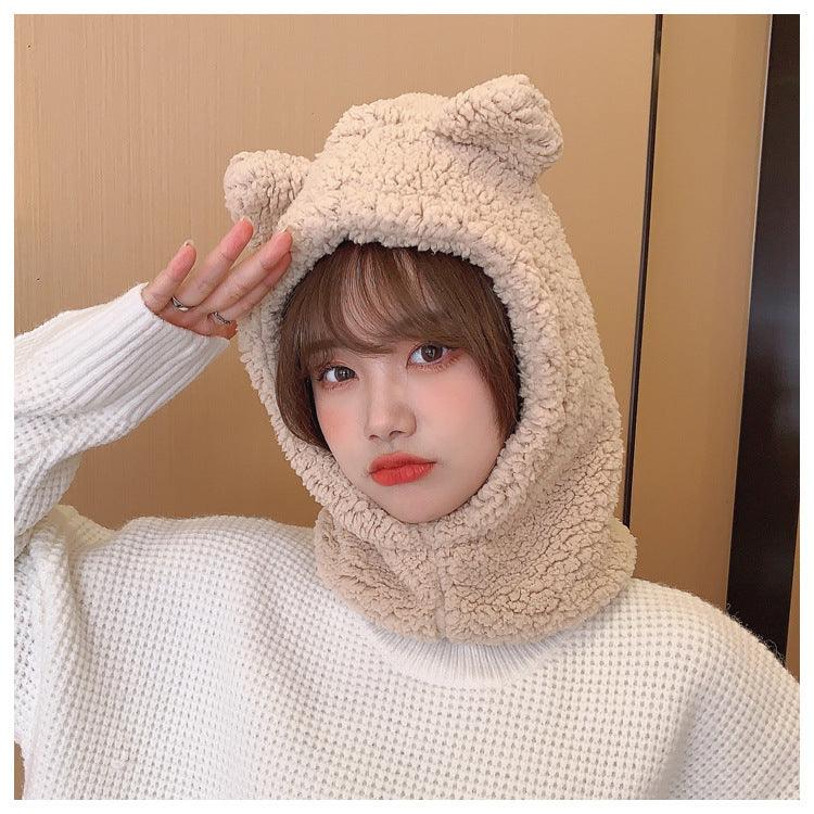 Cartoon Bear Ear Lamb Beanie Hat With Mask Warm Balaclava Winter Thickened Ear Protection Autumn Skellies Beanies Pompom Hat Knitted Ski Beanie Hat Double Pompom Beanie Cap for Girls Boys Kids Beanie Winter Hat Baby Kids Infant Toddler for Women Girl Stevvex