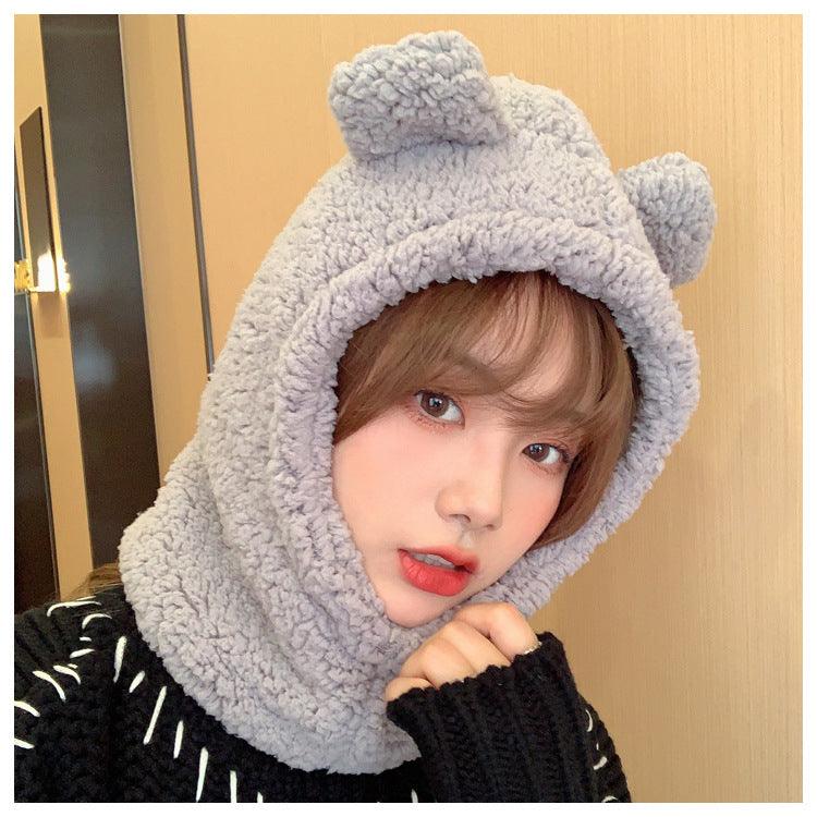 Cartoon Bear Ear Lamb Beanie Hat With Mask Warm Balaclava Winter Thickened Ear Protection Autumn Skellies Beanies Pompom Hat Knitted Ski Beanie Hat Double Pompom Beanie Cap for Girls Boys Kids Beanie Winter Hat Baby Kids Infant Toddler for Women Girl Stevvex