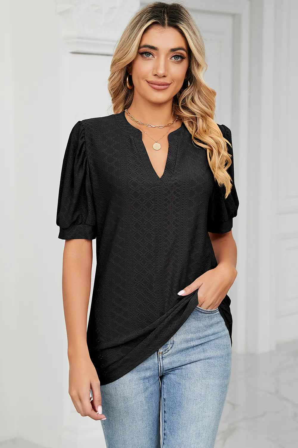 Casual V-neck solid color hollow bubble sleeve loose T-shirt top for women V.I.P Digital Presence