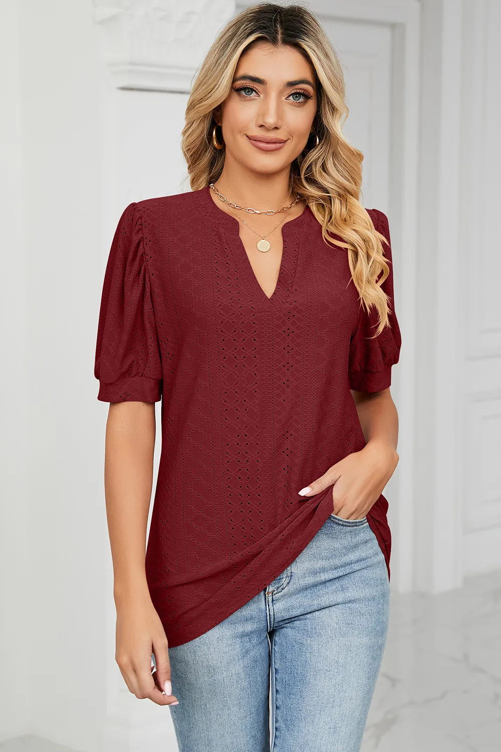 Casual V-neck solid color hollow bubble sleeve loose T-shirt top for women V.I.P Digital Presence
