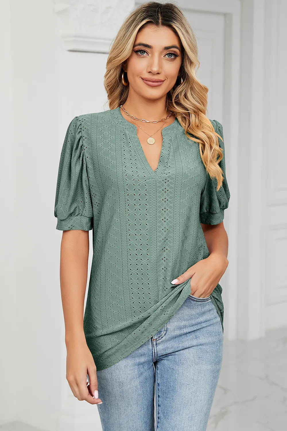 Casual V-neck solid color hollow bubble sleeve loose T-shirt top for women V.I.P Digital Presence
