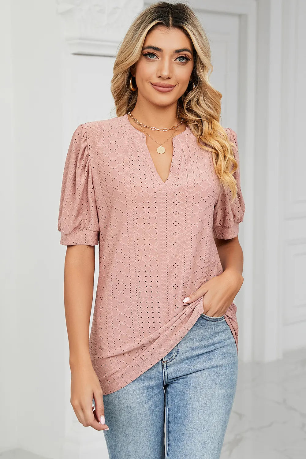 Casual V-neck solid color hollow bubble sleeve loose T-shirt top for women V.I.P Digital Presence