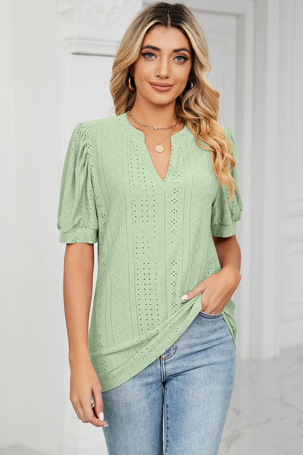 Casual V-neck solid color hollow bubble sleeve loose T-shirt top for women V.I.P Digital Presence