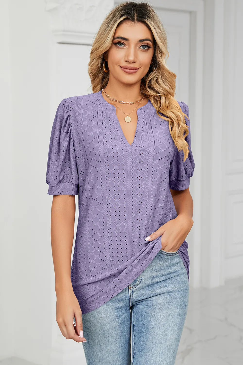 Casual V-neck solid color hollow bubble sleeve loose T-shirt top for women V.I.P Digital Presence